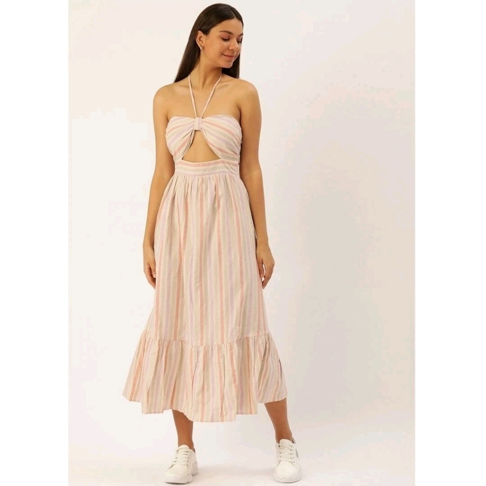 Forever 21+ Women's Stripe Cut Out Halter Maxi Dress Size XL Linen Cotton